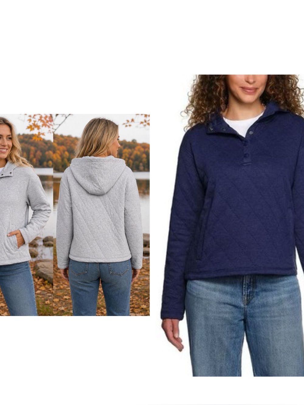 2 Lands End Quilted Pullovers- Navy & Light Gray